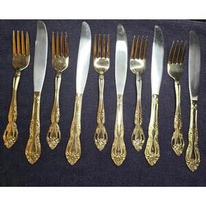 Set of 10 CHOICE Oneida Golden Brahms Gold Plated Electroplate Forks & Knives